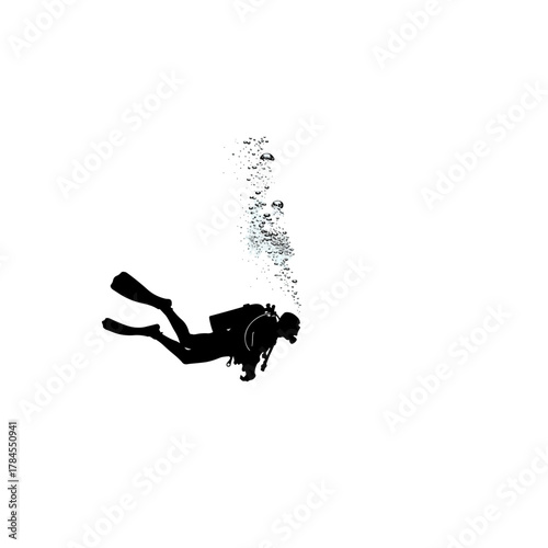 Scuba diver silhouette swimming underwater, abstract vector illustration with rising air bubbles, black and white minimal graphic design