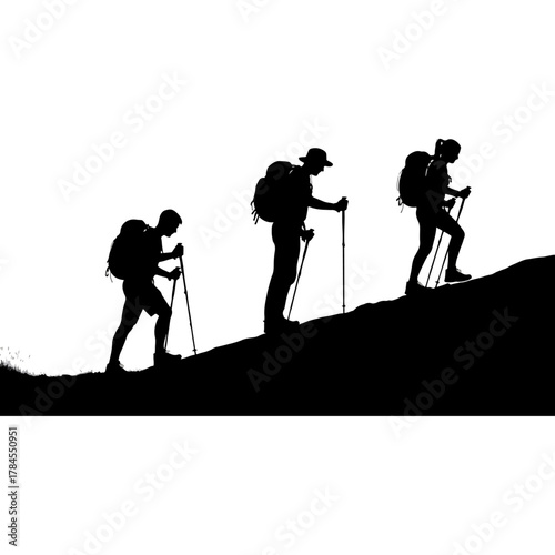 Silhouettes of three backpackers hiking uphill with trekking poles, outdoor adventure, mountain climbers