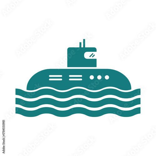 Submarine icon in flat design style, submerged in wavy ocean water, marine transportation vector illustration