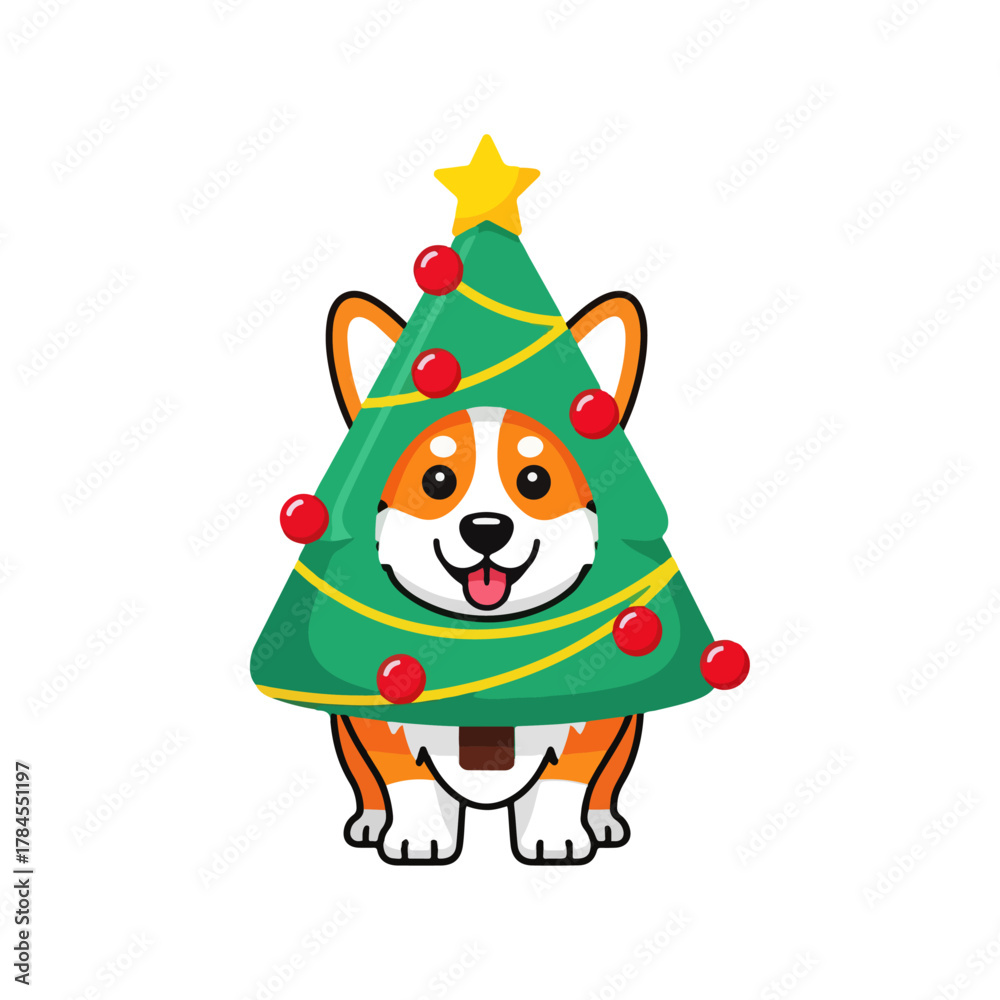 Naklejka premium Cute corgi dog in festive Christmas tree costume with ornaments, holiday season celebration