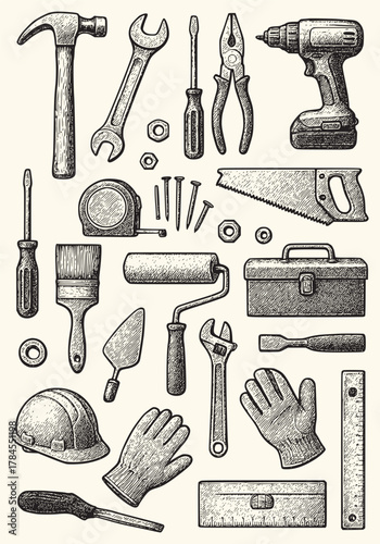 Vintage construction tools Carpentry and Mechanic Tools Line Art