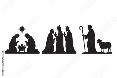 Nativity Scenes Silhouette Art Collection Festive Religious Celebration Iconography. isolated on white background