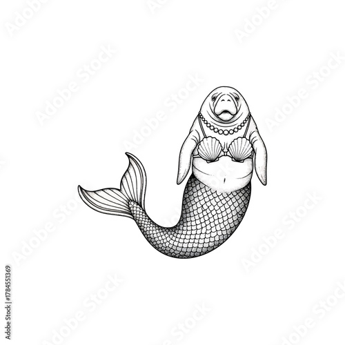 Whimsical black and white manatee mermaid illustration, charming sea creature with pearl necklace and shell bra