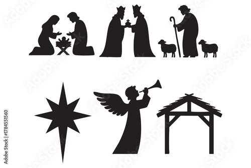 Nativity Scenes Silhouette Art Collection Festive Religious Celebration Iconography. isolated on white background