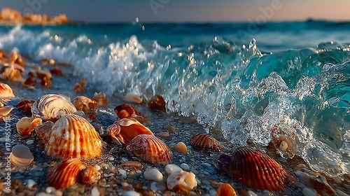 Fototapeta Naklejka Na Ścianę i Meble -  Turquoise ocean wave gently washes vibrant seashells scattered along the sandy beach at day