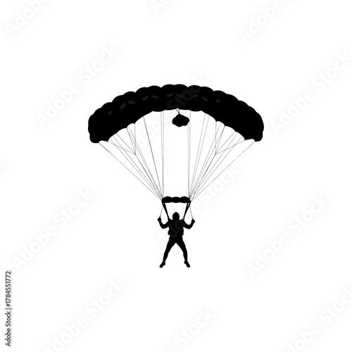 Parachutist silhouette with fully open parachute, representing extreme sport, skydiving adventure, isolated