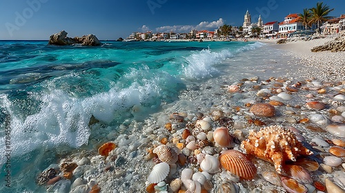 Fototapeta Naklejka Na Ścianę i Meble -  Splashing turquoise wave gently meets seashells on the beach against a sunny, historic coastal town