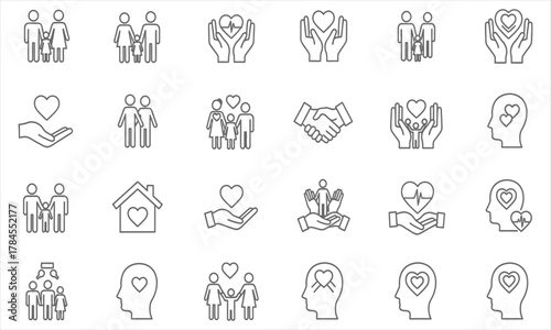 Collection of Outline Icons Representing Family, Health, Love, and Support Concepts