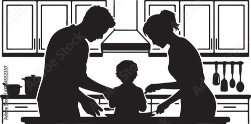 Silhouette of Family Cooking Together in Kitchen with Cabinets and Utensils for Domestic Scene Vector Illustration at Home