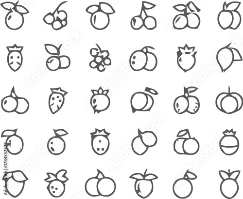 Simple line art of various vegetables
Collection of outlined fruit icons isolated on white background, representing a variety of healthy and delicious options for a balanced diet and lifestyle
