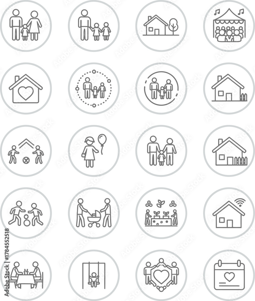 Fototapeta premium Line style icons of remote Web3 work (circular): virtual office building icon, coworking space bubble, circular workroom node, community DAO workspace, shared working pod, 3D meeting room portal