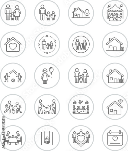 Line style icons of remote Web3 work (circular): virtual office building icon, coworking space bubble, circular workroom node, community DAO workspace, shared working pod, 3D meeting room portal