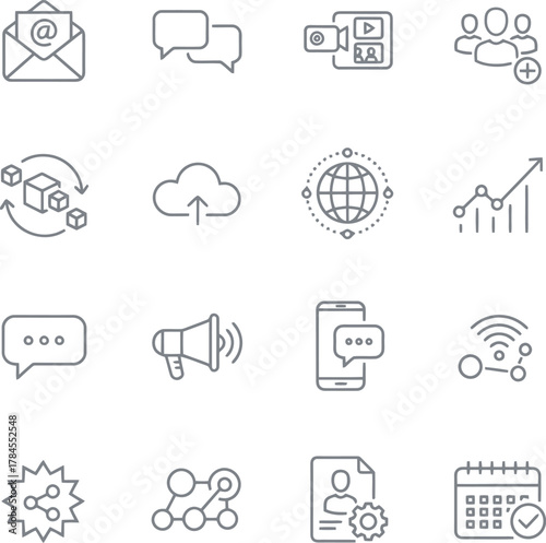 Business and technology line icon set. Vector symbols for concepts like teamwork, strategy, analytics, finance, marketing, management, development, security, and communication