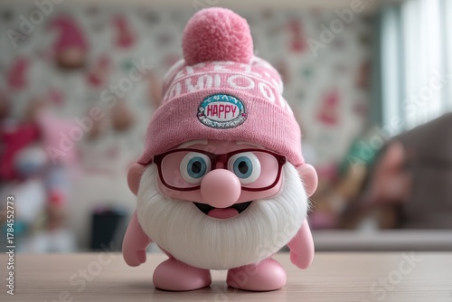 Funny pink gnome figurine wearing glasses and beanie with happy logo, playful pastel decor perfect for kids projects, cheerful holiday branding or social media campaigns, editable.