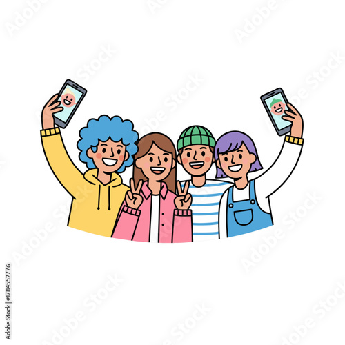 Group of Four Diverse Friends Taking Selfies and Posing for Photos Together Outdoors Smiling and Making Peace Signs Wearing Casual Clothing Yellow Blue White Pink Outfits Joyful Atmosphere
