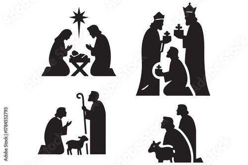 Nativity Scenes Silhouette Art Collection Festive Religious Celebration Iconography. isolated on white background