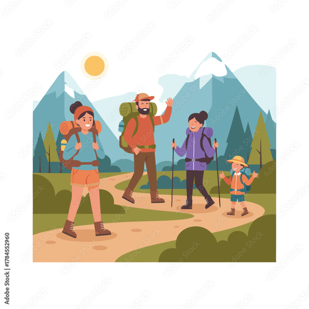 Fototapeta premium Happy Family Hiking With Backpacks On A Mountain Trail Under A Sunny Sky On A Clear Day