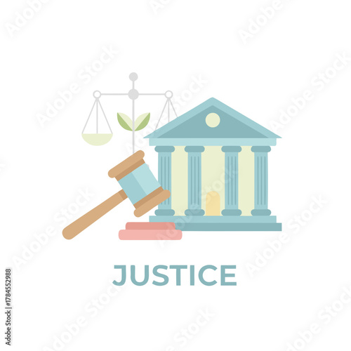 Illustration of a judge's gavel and scales of justice in front of a building representing a courthouse with minimalist clean tones and soft pastel colors on a black background
