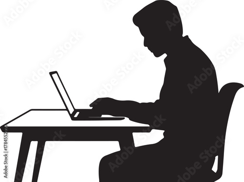  Silhouette Vector Illustration of Person Working on Laptop at Desk Business or Education Occupation Isolated on Checkered