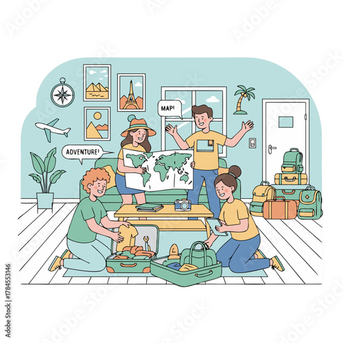 Four People Planning A Trip Together Around A World Map On A Coffee Table With Packed Luggage In A Brightly Lit Room