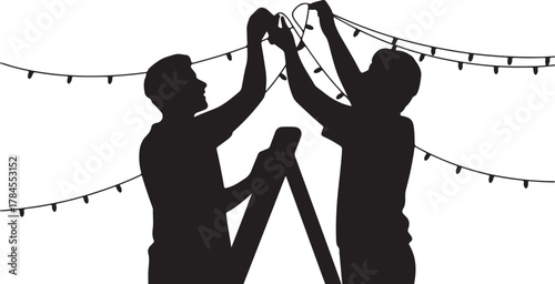 Two People Hanging Lights Together Depicts Teamwork Decoration Festive Atmosphere in Black and White Silhouette Vector Style