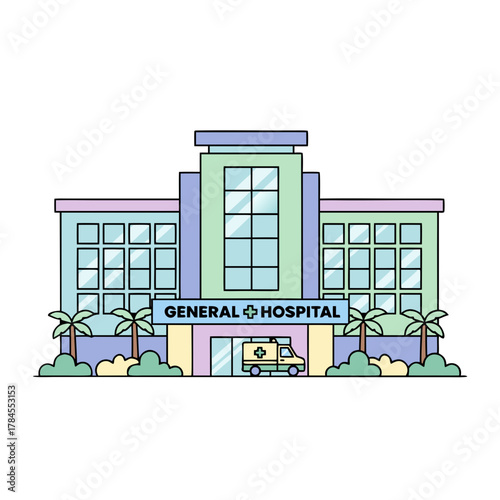 General Hospital Building Exterior With Ambulance Outside And Palm Trees In Flat Design Style In Pastel Colors