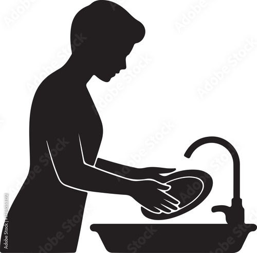 Silhouette Vector Illustration of Person Washing Dishes in Sink Hygiene and Housework Chores in Kitchen Isolated on Checkered