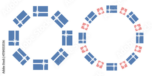 Set of two round holiday frames with  beautiful red and blue gift box with  white ribbon. Happy Birthday, Christmas, New Year. Flat vector design.