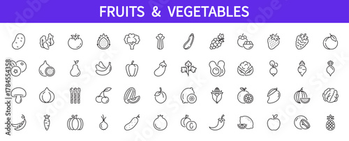 Fruits & vegetables icon set. Cucumber, tomato, lettuce, carrot, avocado, paprika, strawberry, grape, onion, apple, orange, banana, watermelon, peach, vegan, etc. Editable stroke. Vector illustration.