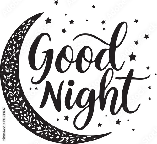 Good Night Script Text with Decorative Floral Crescent Moon and Stars Celestial Lullaby Vector Illustration for Decor or Pajamas