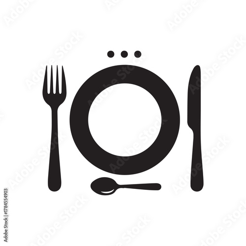 Restaurant icon. Fork, knife, plate and spoon. Menu symbol.  Food, plate, fork, knife, spoon, cutlery icon set.