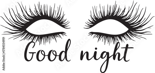 Closed Eyes with Long Eyelashes and Good Night Script Text Sleep Dream Rest Vector Illustration for Beauty and Relaxation