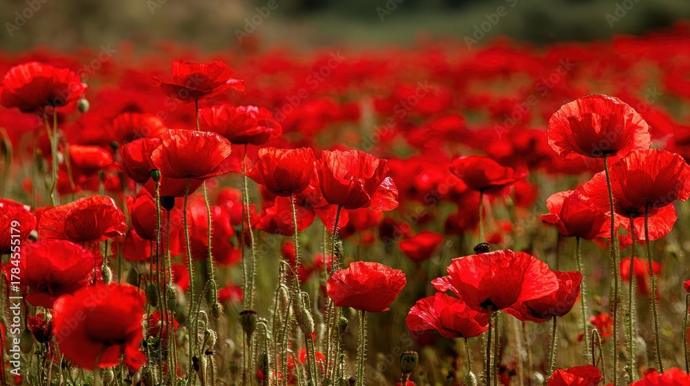 Obraz premium Close up of vibrant red poppies blooming in a vast field under soft natural light