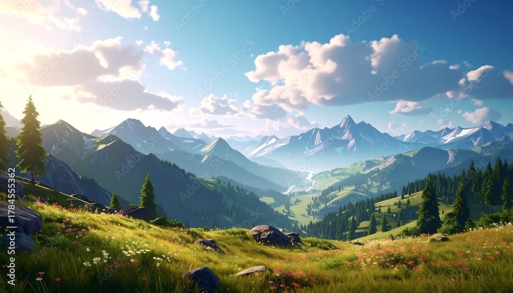 Obraz premium Sunny alpine vista featuring grassy fields dotted with wildflowers & mountains under a blue sky with puffy clouds