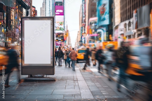 Fototapeta Naklejka Na Ścianę i Meble -  Busy street Times Square NYC, small blank poster on lamppost near pedestrian crossing, blurred motion of crowd and taxis, neon lights, soft shadows, clean urban photography