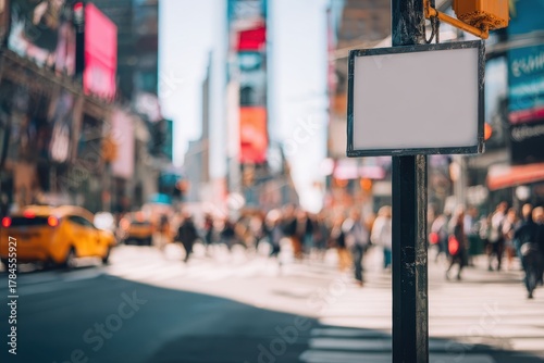 Fototapeta Naklejka Na Ścianę i Meble -  Urban Times Square street scene, small blank poster on lamppost, blurred pedestrians walking, taxis passing, neon lights, natural sunlight, clean urban realistic photo