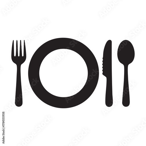 Restaurant icon. Fork, knife, plate and spoon. Menu symbol. Food, plate, fork, knife, spoon, cutlery icon set.