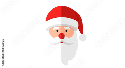 Cute Santa Claus face icon with a red hat and white beard. A flat design vector illustration for Christmas and winter holiday celebrations, isolated on a white background