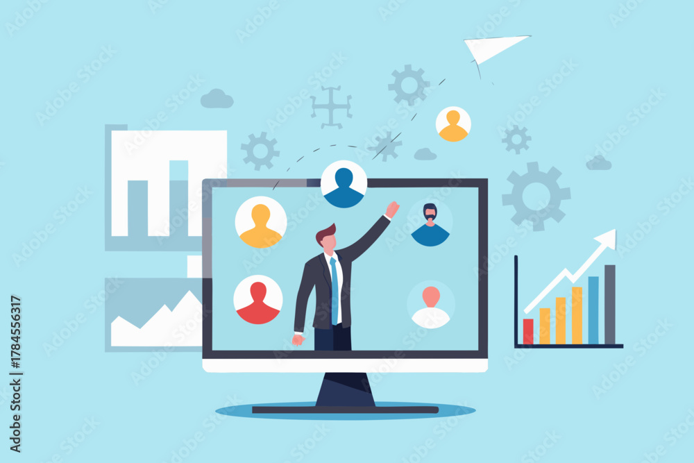 Fototapeta premium Businessman presenting to diverse team members on computer screen with growth charts and gears