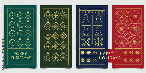 Set of four festive christmas and holiday greeting cards with ornaments and snowflakes