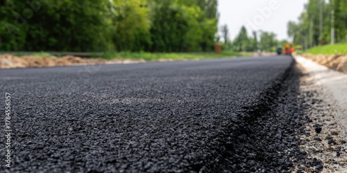 Freshly laid asphalt road surface on a sunny day with green trees in the background