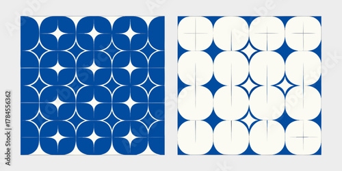 Two abstract geometric patterns with blue and white starburst and oval shapes
