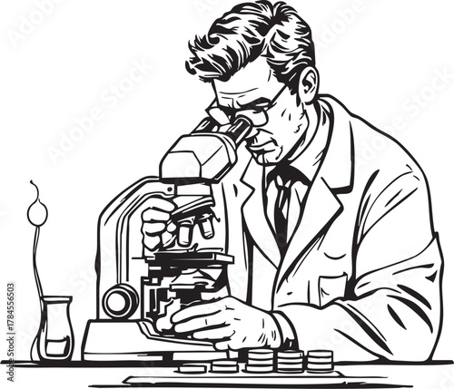 Male Scientist Looking Through Microscope in Laboratory Research and Development Scientific Discovery Vector Illustration