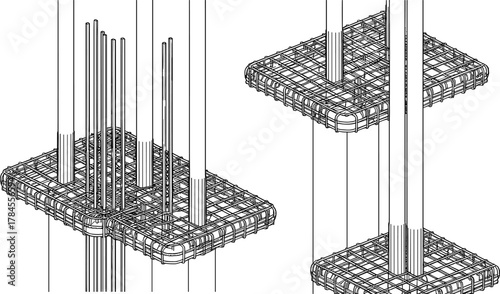 Concrete column footing icon vector—dual base with vertical rebar cages and mesh grid for structural engineering design visuals