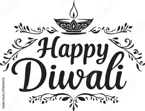 Happy Diwali Text Greeting with Ornate Diya Oil Lamp and Floral Decoration Festival of Lights Vector Illustration