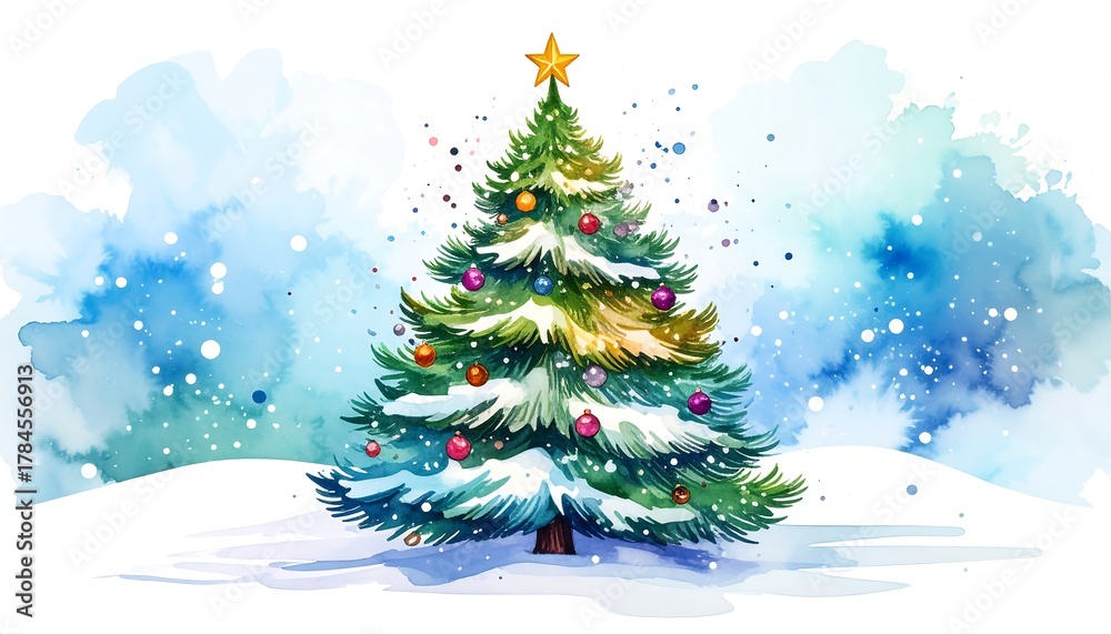 Obraz premium Stylized watercolor illustration of a decorated Christmas tree against a snowy, light blue background