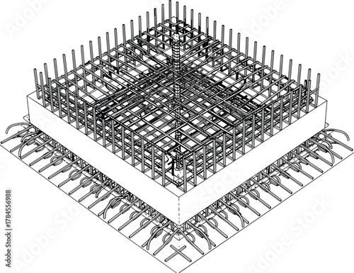 Concrete footing rebar icon vector—square base with dense grid and vertical bars for structural engineering and construction visuals 