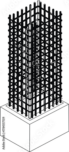 Concrete column rebar cage icon vector—dense vertical and transverse reinforcement with base anchoring for structural engineering visuals