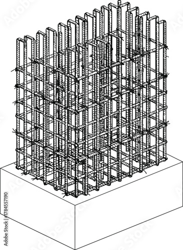 Concrete column rebar cage icon vector—vertical bars, stirrups, and footing base for structural engineering and construction design visuals