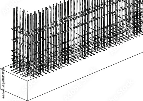 Concrete wall-column rebar icon vector—vertical bars, stirrups, and base anchoring for structural engineering and construction design visuals